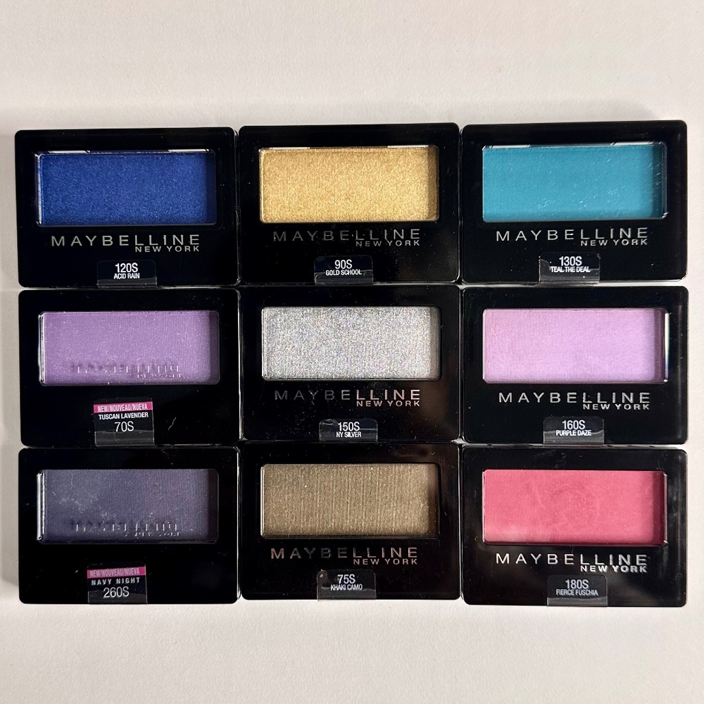 MAYBELLINE 9 Eyeshadows gold school tuscan lavender NY silver khaki acid rain